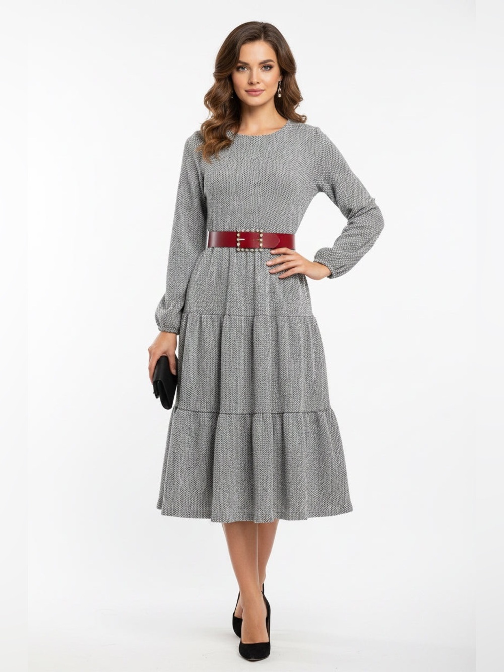Heather Gray Long-Sleeve Tiered Midi Dress ****Belt not Included ***